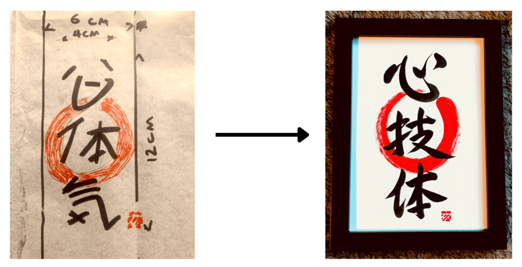 Two images of a 3-character Japanese calligraphy artwork with a red enso in the background. The image on the left is the client's first sketch. The image on the right is the finished artwork.