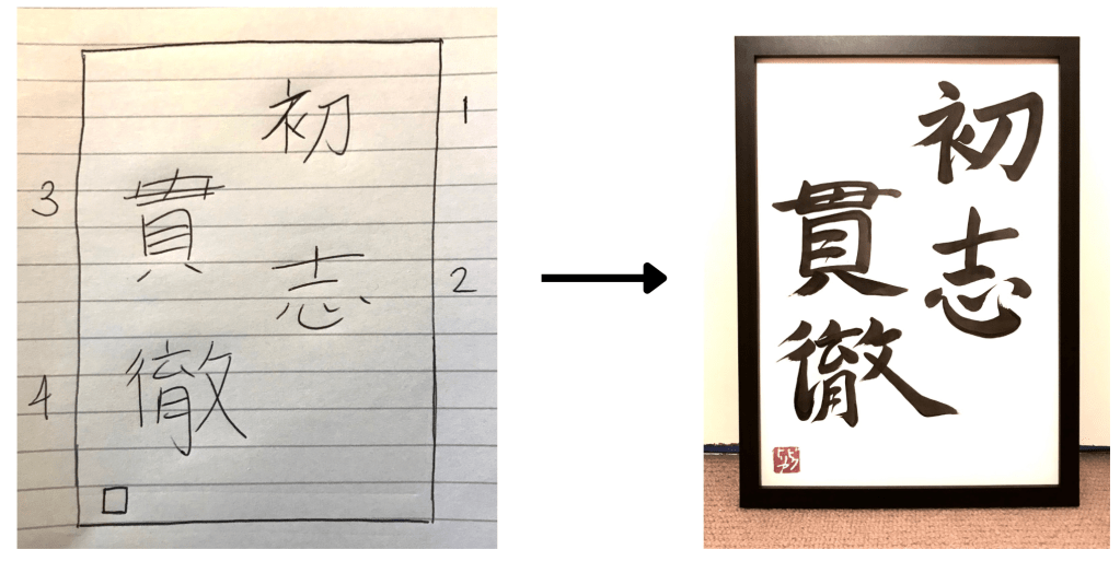 Two images of a 4-character Japanese calligraphy artwork. The image on the left is my first sketch. The image on the right is the finished artwork.