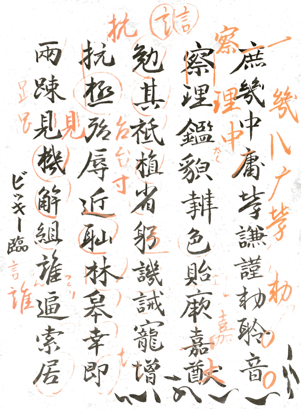 An A4 sheet of Japanese calligraphy practice. I wrote 5 horizontal lines of about 10 characters each.