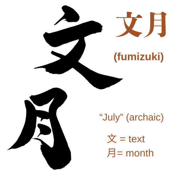 A Japanese calligraphy artwork. The writing says "fumizuki", the archaic name for July.
