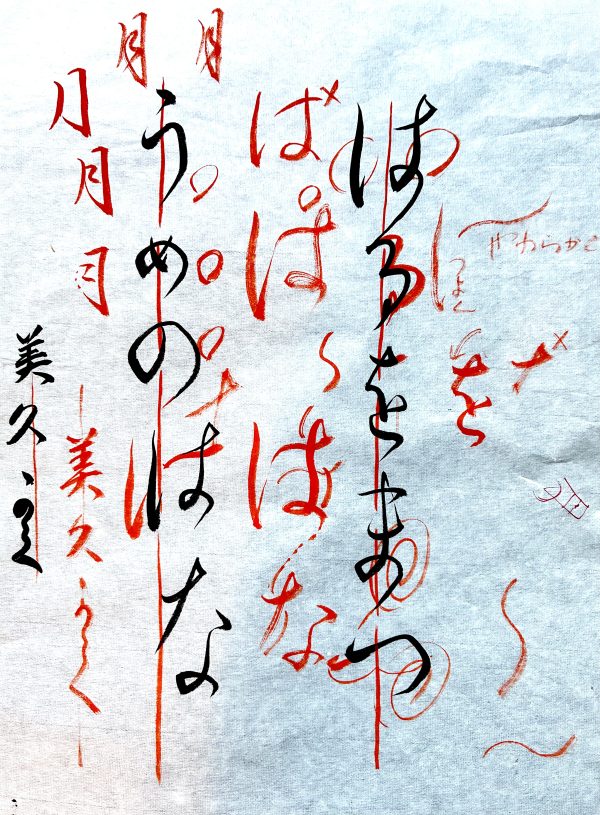 My hiragana practice in black ink. My teacher's corrections are in orange ink.